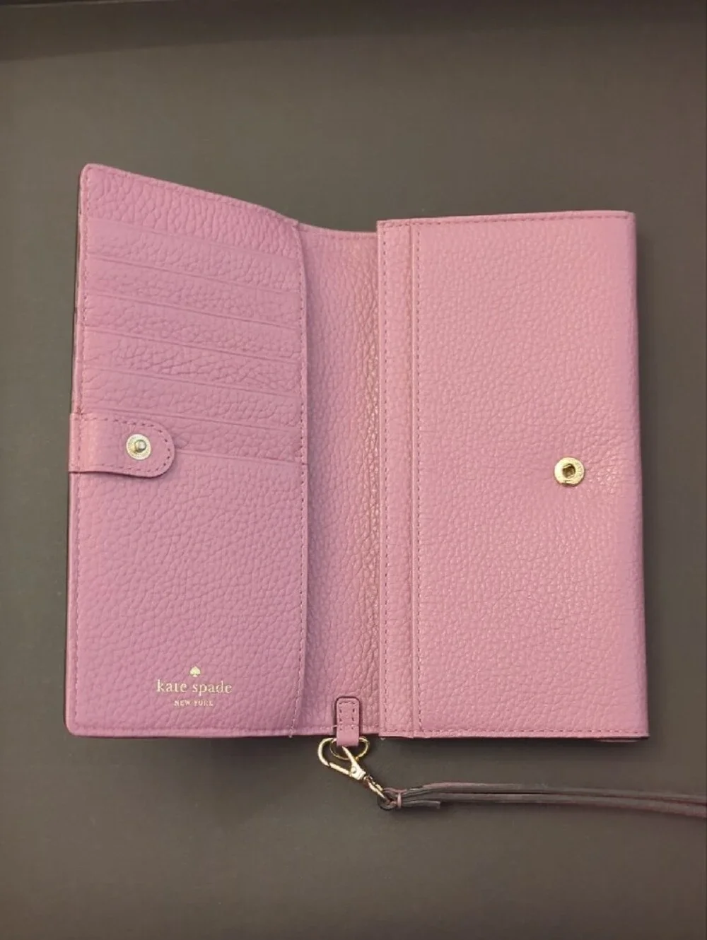 kate spade lavender pink pebbled leather wristlet wallet with gold hardware